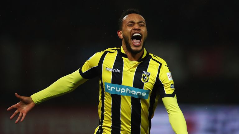 ROTTERDAM, NETHERLANDS - MARCH 01:  Lewis Baker of Vitesse Arnhem celebrates scoring his teams first goal of the game during the Dutch KNVB Cup Semi-final 