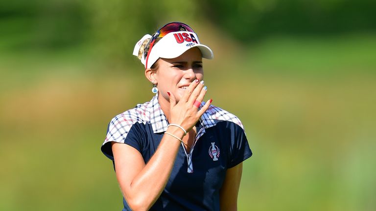 WEST DES MOINES, IA - AUGUST 20:  Lexi Thompson of Team USA reacts to a shot during the final day singles matches of The Solheim Cup at Des Moines Golf and