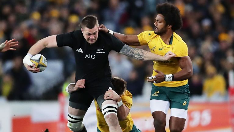 SYDNEY, AUSTRALIA - AUGUST 19:  Liam Squire of the All Blacks is tackled during The Rugby Championship Bledisloe Cup match between the Australian Wallabies