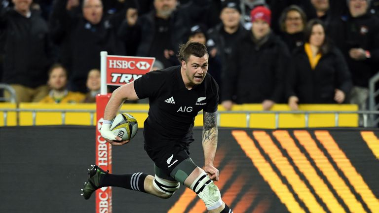 New Zealand's flanker Liam Squire scores a try during the Rugby Championship test match between Australia and the New Zealand All Blacks in Sydney on Augus