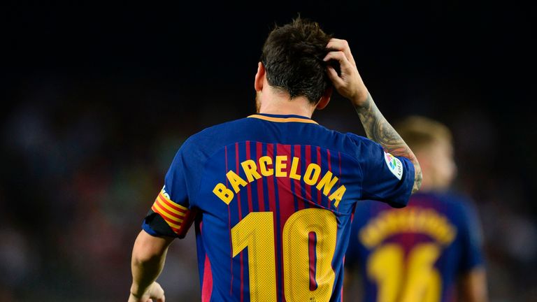 Barcelona's Argentinian forward Lionel Messi gestures during the Spanish league footbal match FC Barcelona vs Real Betis at the Camp Nou stadium in Barcelo