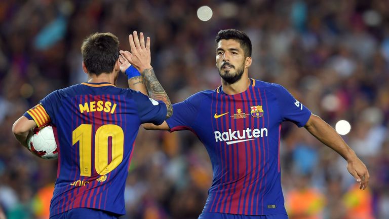 Lionel Messi celebrates with Luis Suarez after converting his penalty