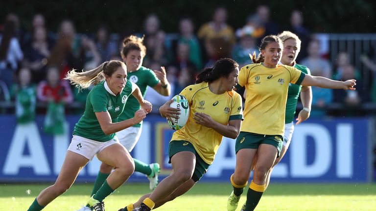 Liz Patu of Australia runs with the ball during the Women's Rugby World Cup 2017 match between Ireland and Australia