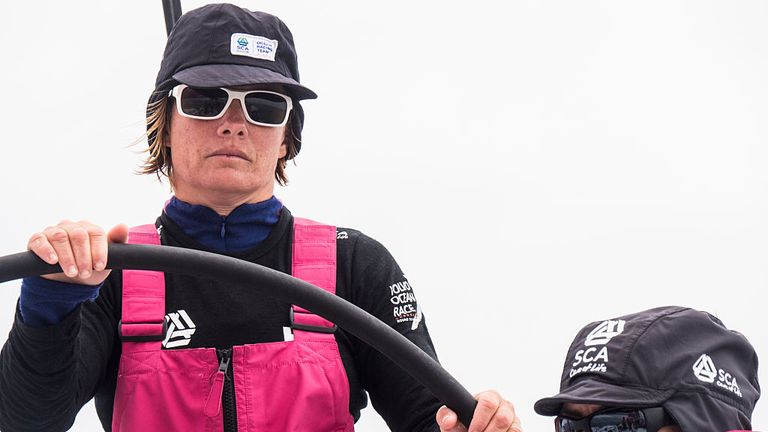 AT SEA - MAY 23:  Leg 7 to Lisbon onboard Team SCA. Day 06. Liz Wardley at the helm and Dee Caffari on the main trying to gain lost miles, (Photo by Volvo 