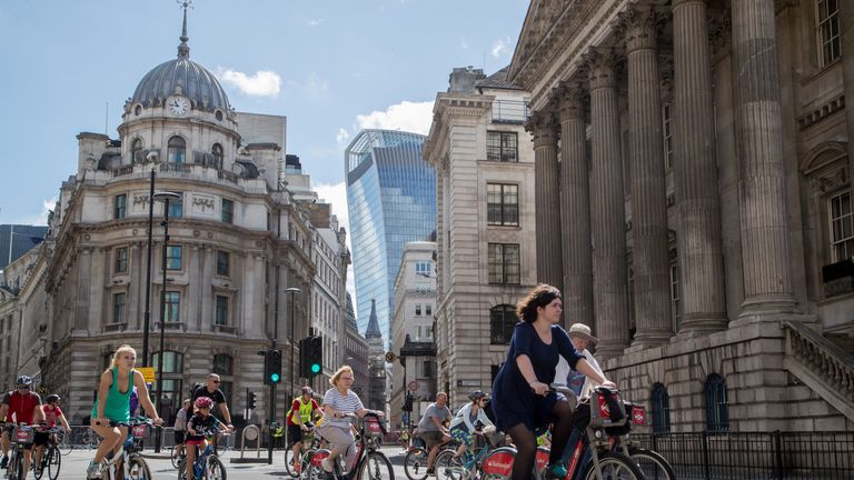 A view of Bank, overlooking the 'Walkie-Talkie' building, as riders pass No.1 Cornhill and Mansion House as part of the FreeCycle Prudential RideLondon 