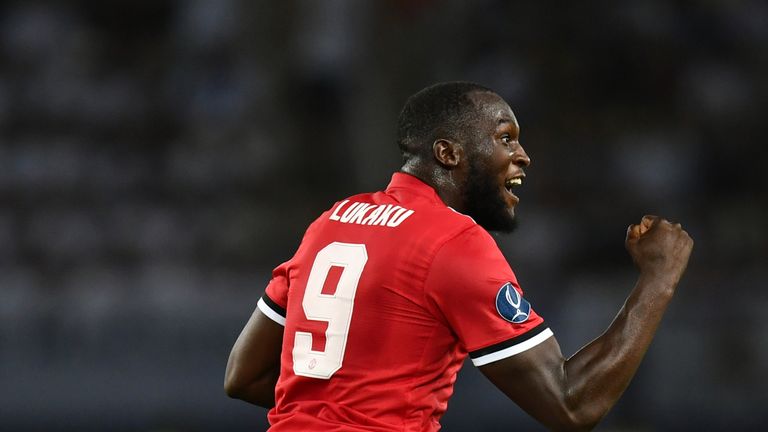 SKOPJE, MACEDONIA - AUGUST 08: Romelu Lukaku of Manchester United celebrates scoring his sides first goal during the UEFA Super Cup final between Real Madr