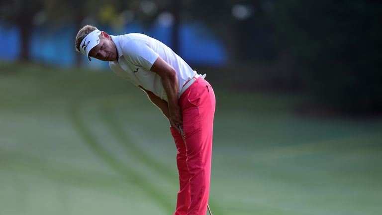GREENSBORO, NC - AUGUST 17:  Luke Donald of England reacts after missing his birdie putt on the first green during the first round of the Wyndham Champions