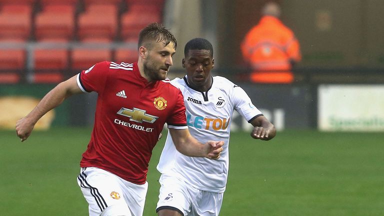 Luke Shaw in action during the Premier League 2 match between Manchester United U23s and Swansea City U23s at Leigh Sports Village