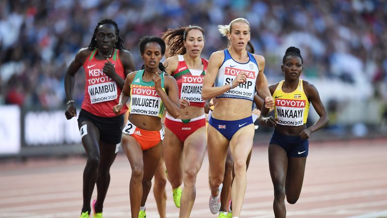 LONDON, ENGLAND - AUGUST 10:  Lynsey Sharp of Great Britain leads the womens 800m heats during day seven of the 16th IAAF World Athletics Championships