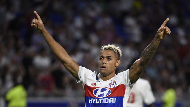 Lyon's Dominican forward Mariano Diaz celebrates after scoring during the Ligue1 football match Olympique Lyonnais against Racing Club de Strasbourg Alsace