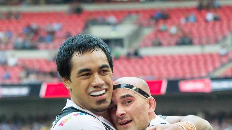 Ladbrokes Challenge Cup Final - Hull FC v Warrington Wolves - Wembley Stadium, London, England - Hull FC's Mahe Fonua & Danny Houghton celebrate.