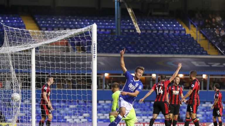 Birmingham's Maikel Kieftenbeld celebrates scoring his side's first goal v Bournemouth during the Carabao Cup, Second Round match at St Andrew's