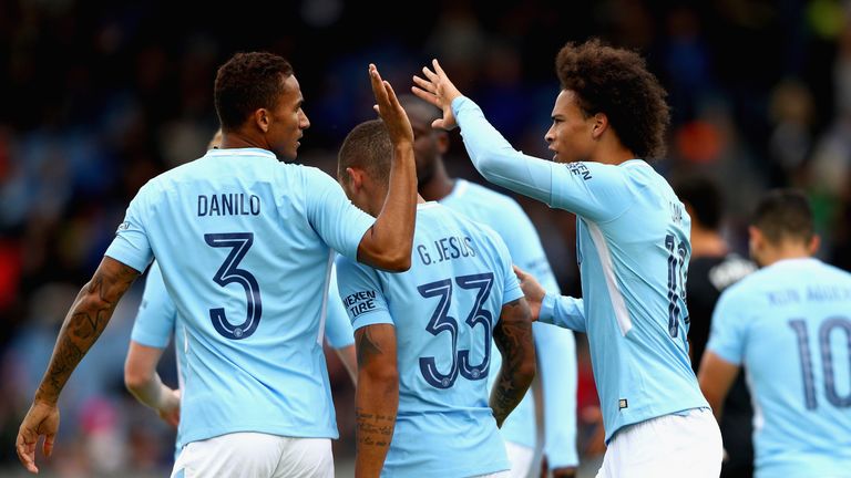 REYKJAVIK, ICELAND - AUGUST 04: Gabriel Jesus of Manchester City celebrates scoring his sides first goal with Danilo of Manchester City and Leroy Sane of M