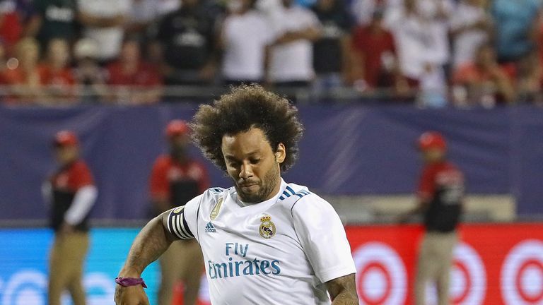 CHICAGO, IL - AUGUST 02:  Marcelo #12 of Real Madrid scores a goal in the shoot out against the MLS All-Stars during the 2017 MLS All- Star Game at Soldier
