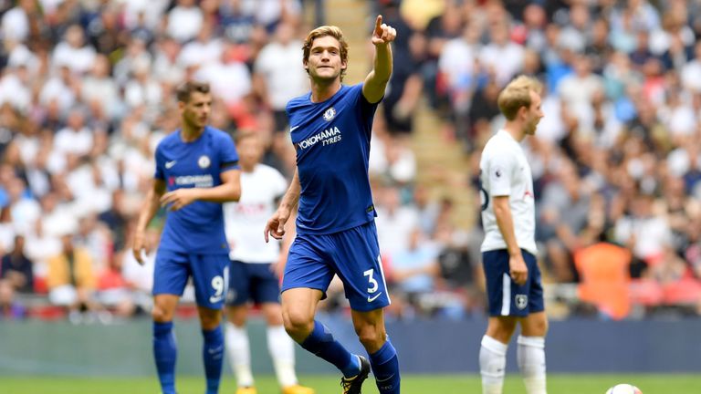 Marcos Alonso celebrates after scoring the first of his two goals for Chelsea