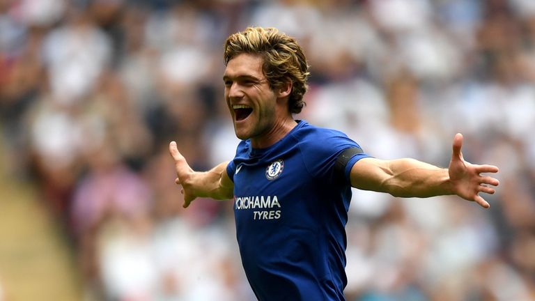 LONDON, ENGLAND - AUGUST 20:  Marcos Alonso of Chelsea celebrates scoring his sides first goal during the Premier League match between Tottenham Hotspur an