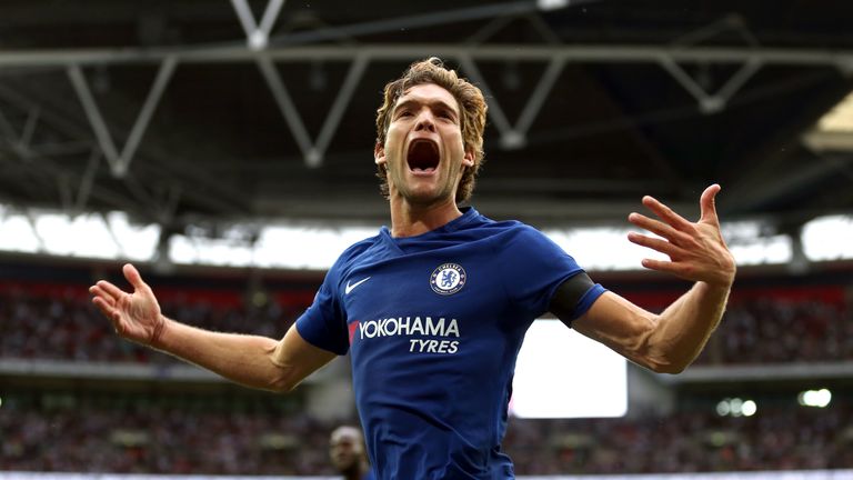 Chelsea's Marcos Alonso celebrates scoring his side's second goal of the game during the Premier League match v Tottenham at Wembley Stadium, London