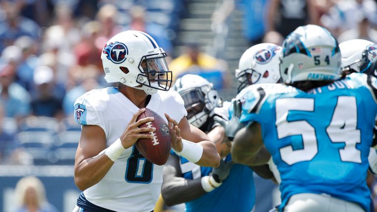 NASHVILLE, TN - AUGUST 19: Marcus Mariota #8 of the Tennessee Titans looks to pass in the first quarter of a preseason game against the Carolina Panthers a