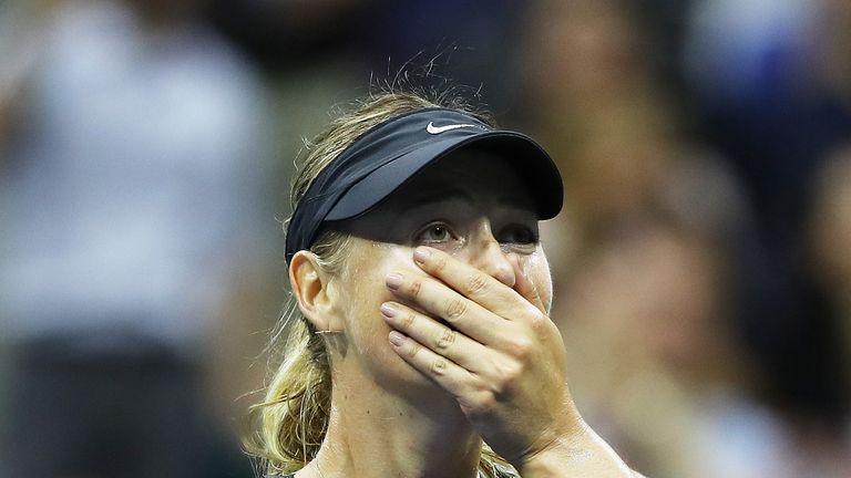 Maria Sharapova celebrates US Open first round win against Simona Halep