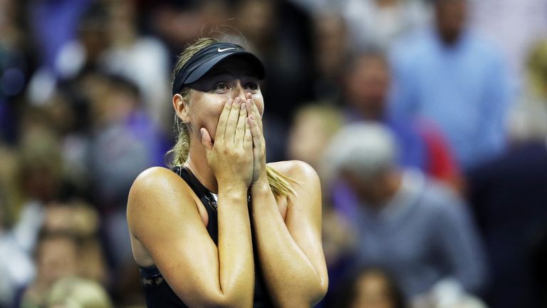 Maria Sharapova celebrates her win in the first round of the US Open against Simona Halep