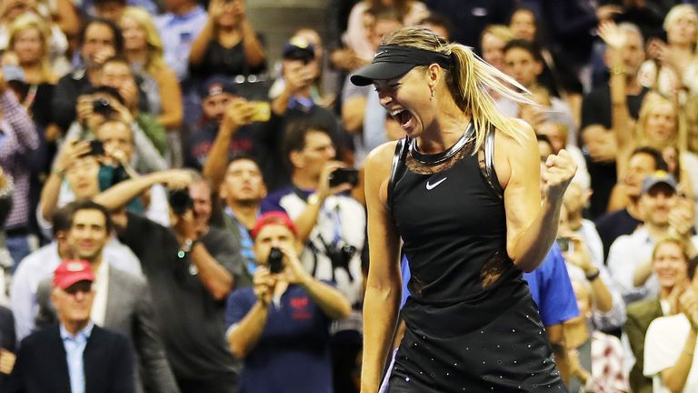 NEW YORK, NY - AUGUST 28:  Maria Sharapova of Russia celebrates winning her first round Women's Singles match against Simona Halep of Romania on Day One of