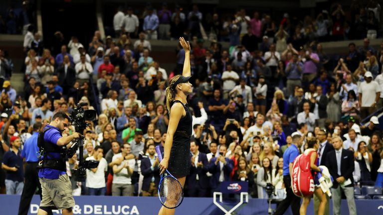 NEW YORK, NY - AUGUST 28:  Maria Sharapova of Russia celebrates winning her first round Women's Singles match against Simona Halep of Romania on Day One of