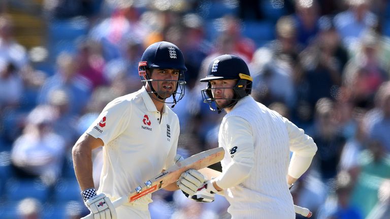 LEEDS, ENGLAND - AUGUST 27:  Alastair Cook and Mark Stoneman of England score runs during day three of the 2nd Investec Test between England and the West I