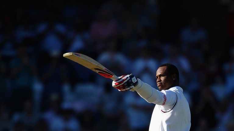 Marlon Samuels of West Indies celebrates his century during the Second Investec Test Match between England and West Indies