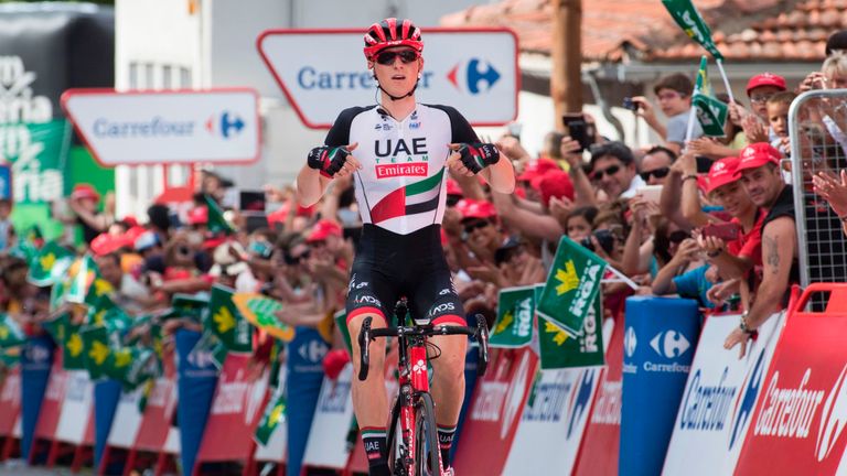 UAE Team Emirates' Slovenian cyclist Matej Mohoric celebrates as he crosses the finish line to win the 7th stage of the 72nd edition of "La Vuelta" Tour of