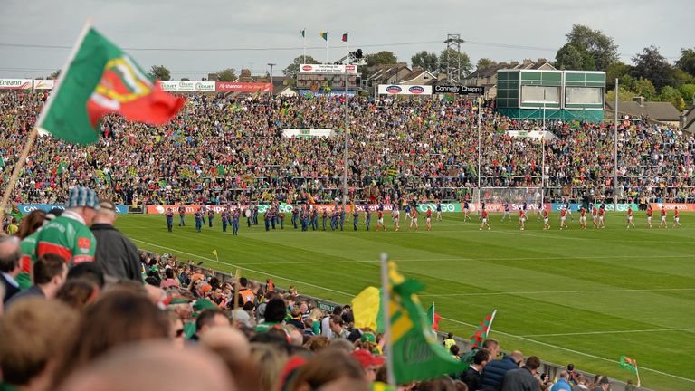 30 August 2014; The Kerry and Mayo teams parade behind the Artane School of Music Band before the game. GAA Football All Ireland Senior Championship, Semi-