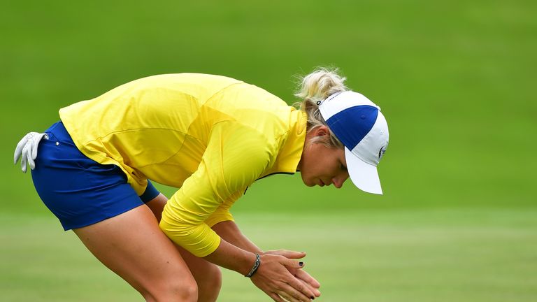 WEST DES MOINES, IA - AUGUST 19:  Mel Reid of Team Europe reacts to a missed putt during the second day morning foursomes matches of The Solheim Cup at Des