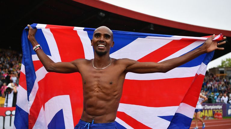 Sir Mo Farah celebrates 3000m victory on his final UK track appearance in Birmingham