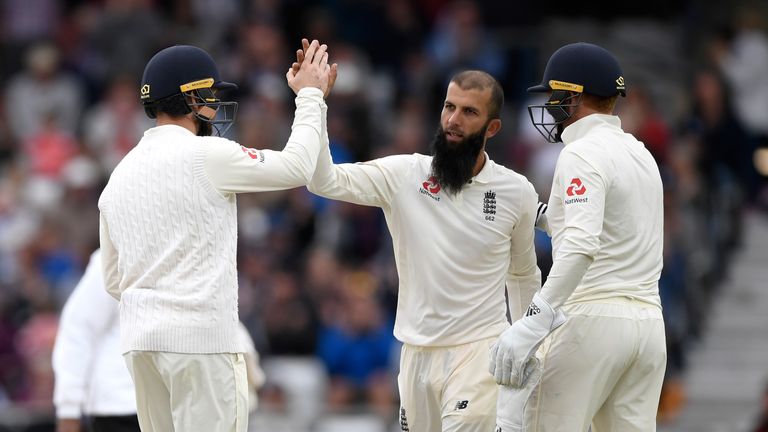 Moeen Ali celebrates dismissing Kraigg Brathwaite 