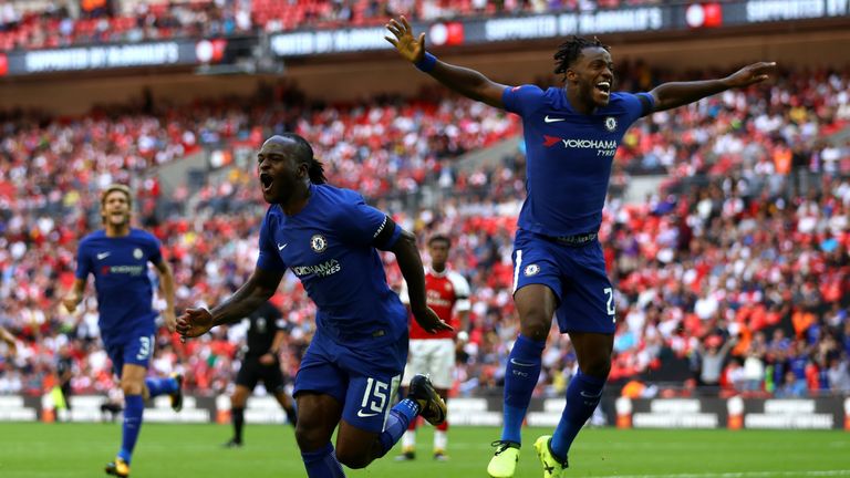 LONDON, ENGLAND - AUGUST 06: Victor Moses of Chelsea celebrates scoring his sides first goal with Michy Batshuayi of Chelsea during the The FA Community Sh