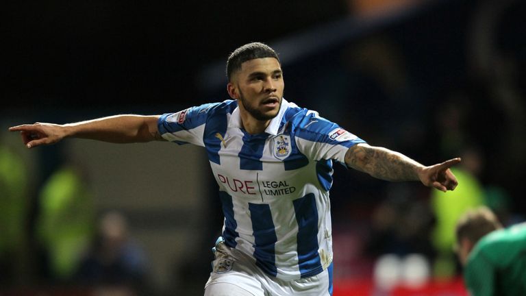 Huddersfield Town's Nahki Wells celebrates scoring his side's second goal of the game during the Sky Bet Championship game at the John Smith's Stadium