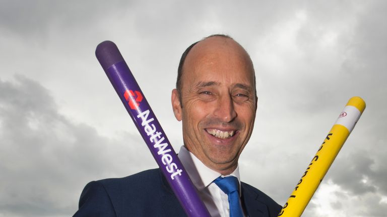 Commentator Nasser Hussain with Rainbow Stumps during the fourth day of the fourth test between England and South Africa at
