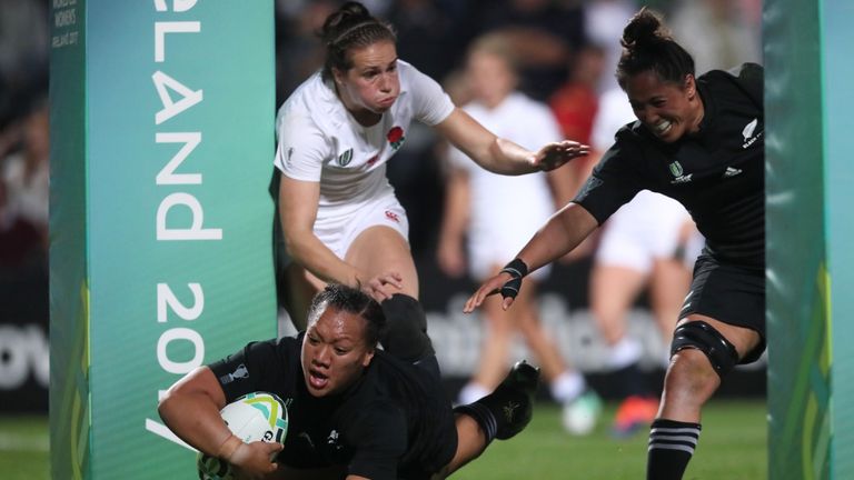 New Zealand's Toka Natua dives in to score a try during the 2017 Women's World Cup Final at the Kingspan Stadium, Belfast.