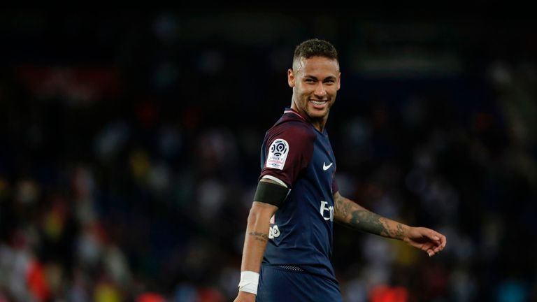 Paris Saint-Germain's Brazilian forward Neymar smiles  during the French L1 football match Paris Saint-Germain (PSG) vs Toulouse FC (TFC)