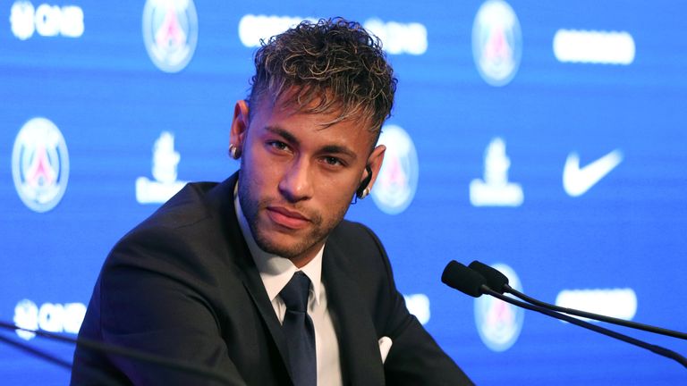 Neymar is unveiled during a press conference at Parc des Princes, following his world record breaking £200million transfer from Barcelona