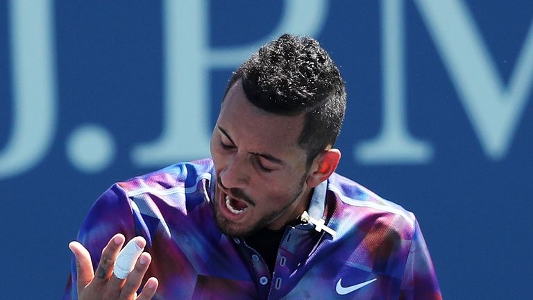 NEW YORK, NY - AUGUST 30:  Nick Kyrgios of Australia reacts against John Millman of Australia during their first round Men's Singles match on Day Three of 