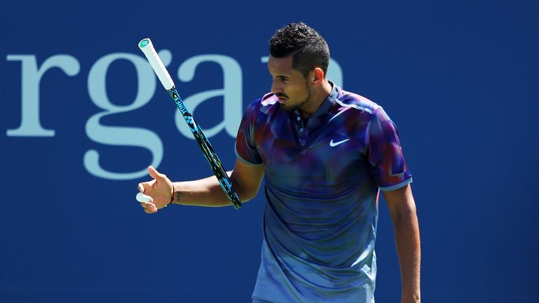 NEW YORK, NY - AUGUST 30:  Nick Kyrgios of Australia reacts against John Millman of Australia during their first round Men's Singles match on Day Three of 