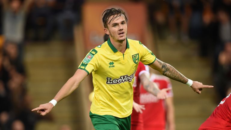 James Maddison celebrates scoring Norwich's third goal against Swindon