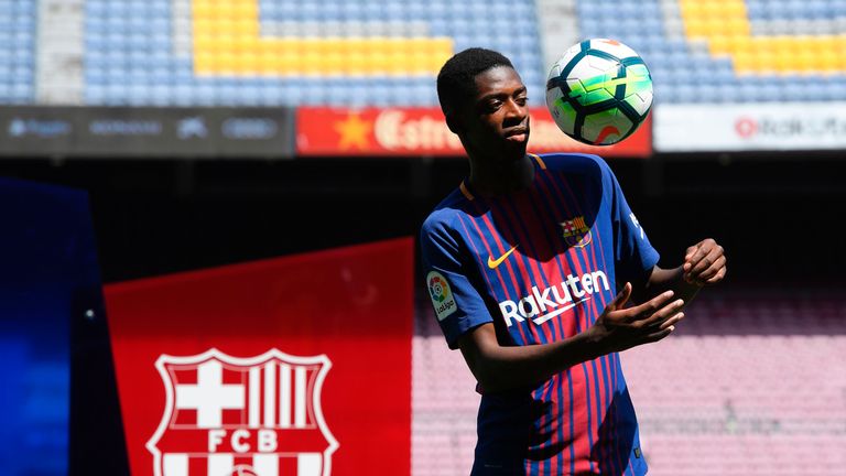 Ousmane Dembele is officially unveiled as a Barcelona player during a presentation at the Nou Camp