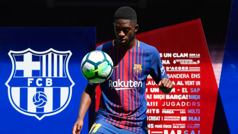 Ousmane Dembele demonstrates his skills during an official presentation at the Nou Camp