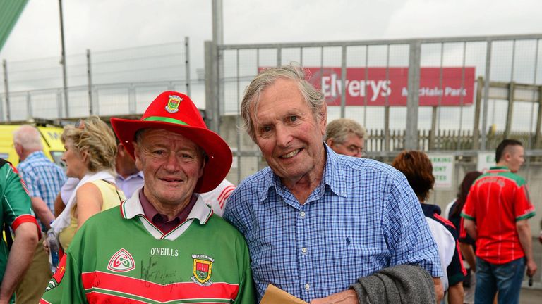 21 July 2013; Mayo supporter Pat Synott, left, from Ballinrobe, with Paddy Prendergast, who was full back on the last two Mayo All Ireland winning teams in