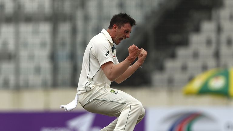 MIRPUR, BANGLADESH - AUGUST 27:  Pat Cummins of Australia celebrates taking the wicket of Shabbir Rahman Roman of Bangladesh during day one of the First Te