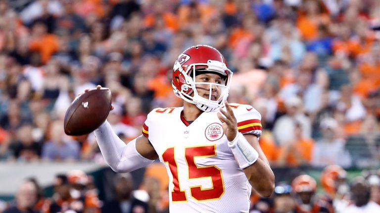 CINCINNATI, OH - AUGUST 19:  Patrick Mahomes #15 of the Kansas City Chiefs throws a touchdown pass against the Cincinnati Bengals during the preseason game