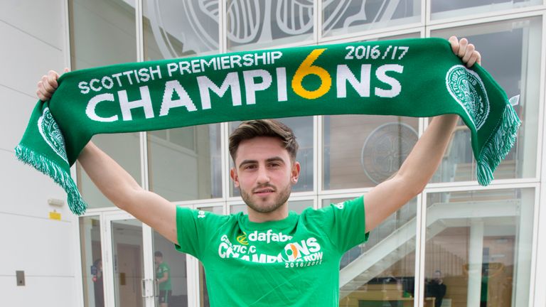 Celtic's Patrick Roberts is pictured as the players celebrate their 2016/2017 title win