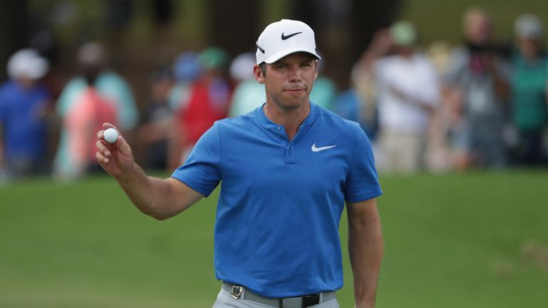 Paul Casey of England reacts to his putt on the on the 10th green during the third round of the 2017 PGA Championship