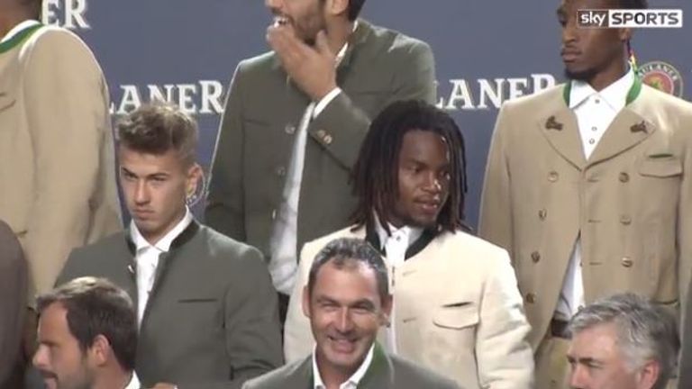 Renato Sanches and Paul Clement pictured together during a promotional event at Bayern Munich